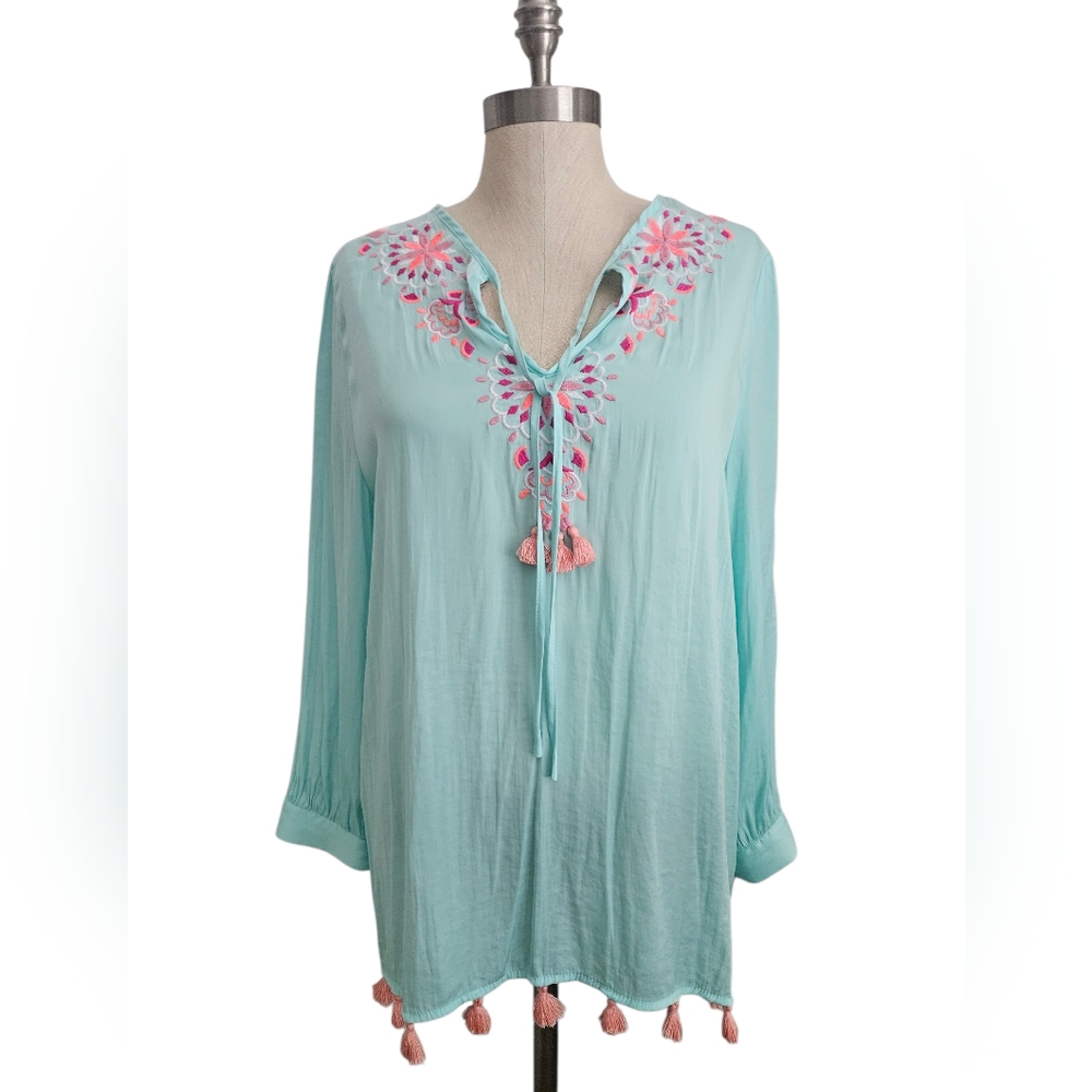 Embroidered Tassel V-Neck Tunic Top - Aqua